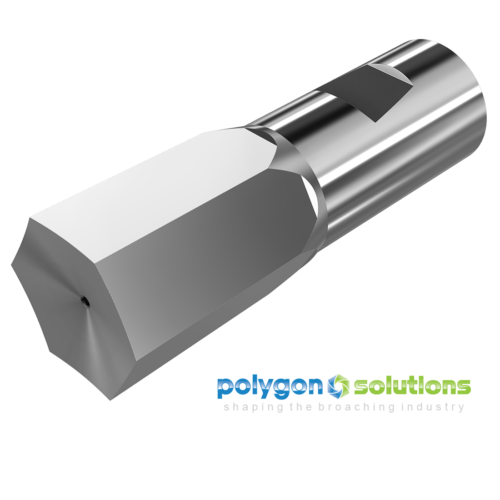 Precision 17/32" hexagon rotary broach by Polygon Solutions for CNC machining of internal hex profiles in aluminum, stainless steel, titanium, and exotic materials.