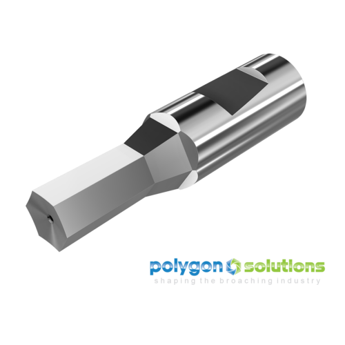 Precision 5mm hexagon rotary broach by Polygon Solutions for CNC machining of internal hex profiles in aluminum, stainless steel, titanium, and exotic materials.